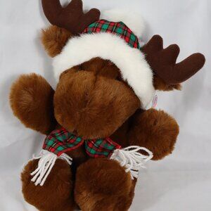 Vintage Cozums Christmas Reindeer Plush Red Green Plaid Hat Scarf New Dead Stock